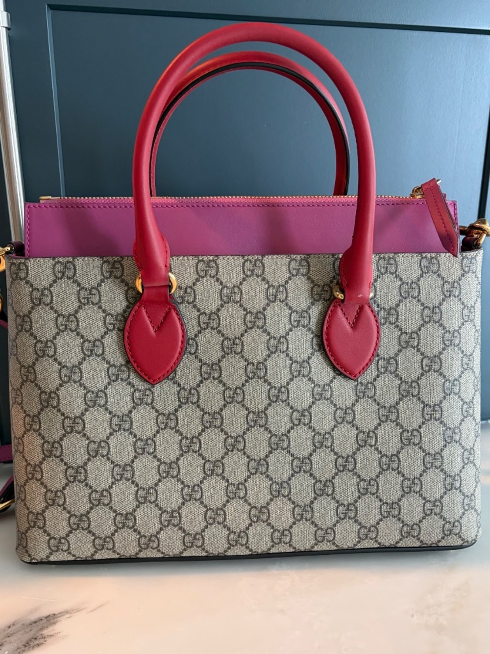 Gucci GG Supreme Linea A Pink & Red Satchel Bag w/ Dust Bag